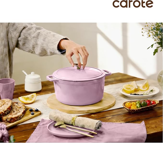 CAROTE 5QT Enameled Cast Iron Dutch Oven Pot with Lid, Heavy-Duty Dutch Ovens for Sourdough Bread Baking, Braising, Roasting, Dual Handles, Healthy & Non-Toxic, All Stovetop Compatible, Oven Safe up to 500째 F, Macaron Purple