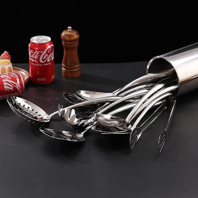 18/10 Stainless Steel Kitchen Utensils Set with Holder - 15??Spatula Spoon Set with Storage Organizer for Countertop, Fork, Tongs, Spatula, Ladle, Skimmer, Turner, Spaghetti, Large Spoon Set of 12
