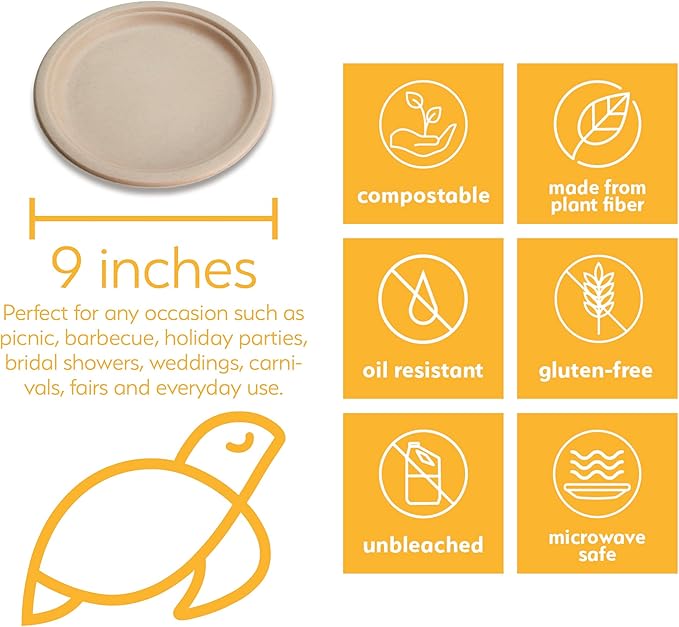 100% Compostable Disposable Paper Plates Bulk [9" 400 Pack],Bamboo Plates, Eco Friendly, Biodegradable, Sturdy Large Dinner Party Plates, Heavy-Duty, Unbleached by Earth's Natural Alternative