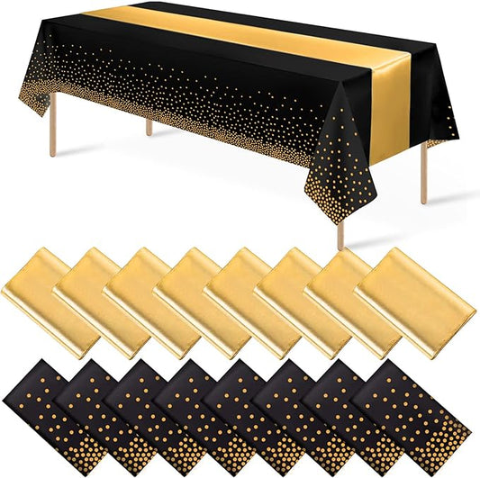 16Pack Disposable Plastic Tablecloths and Satin Table Runner Set Black Gold Dot Table Cloth Gold for Graduation Wedding Birthday Baby Shower Anniversary Holiday Party Decorations