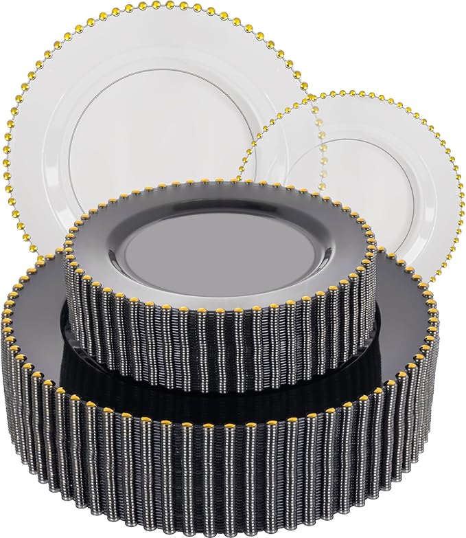 EI 60pcs Black and Gold Plastic Plates Clear with Black Disposable Plates Heavy Duty Gold Plastic Dinnerware Set For 30 Guests Perfect Wedding,Party,Birthday,Anniversary,Business Events,Hotel Banquets