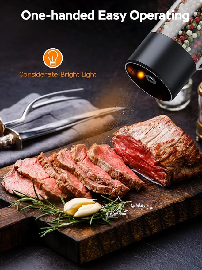 TOMEEM Electric Salt and Pepper Grinder Set with LED Lights ??Rechargeable Automatic Pepper and Salt Mill with 6 Adjustable Coarseness for Kitchen, BBQ & Gifts