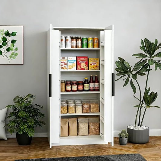 Tall Freestanding Pantry Cabinet for Kitchen, White Storage with Doors & Shelves, 31.5" Wide Organizer for Dining & Living Room
