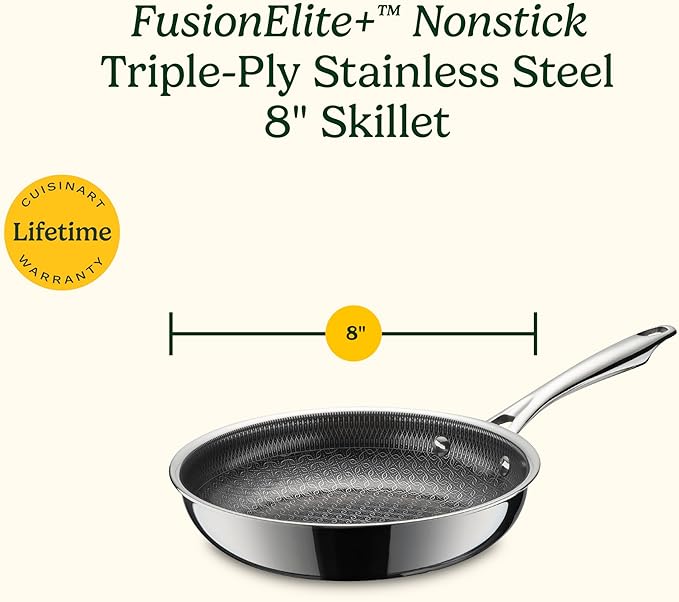 Cuisinart FusionElite+ Nonstick Tri-Ply Stainless Steel Skillet, 8??Skillet Frying Pan with PURELYSEAR Ceramic Nonstick Technology, Scratch Proof, Cool Grip Handles, Dishwasher Safe