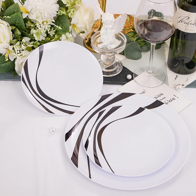 EI 60pcs Black and White Plastic Plates for Party,Black Rim Disposable Plates,Fancy Plastic Dinner Plate,Disposable Dessert Plate for Famiily Event,Wedding,Afternoon Tea,Business Events,Hotel