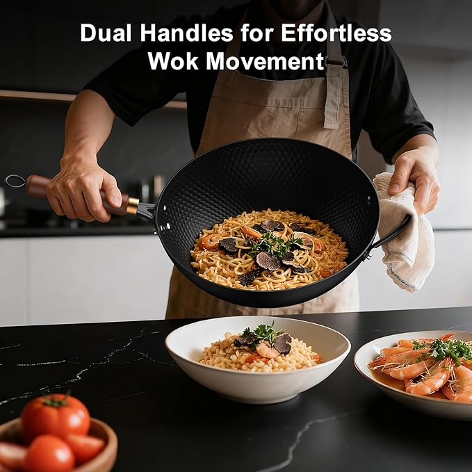 Nonstick Wok, 13-Inch Carbon Steel Wok Pan with Glass Cover, Woks & Stir-Fry Pans for Induction, Electric, Gas, Halogen, All Stoves
