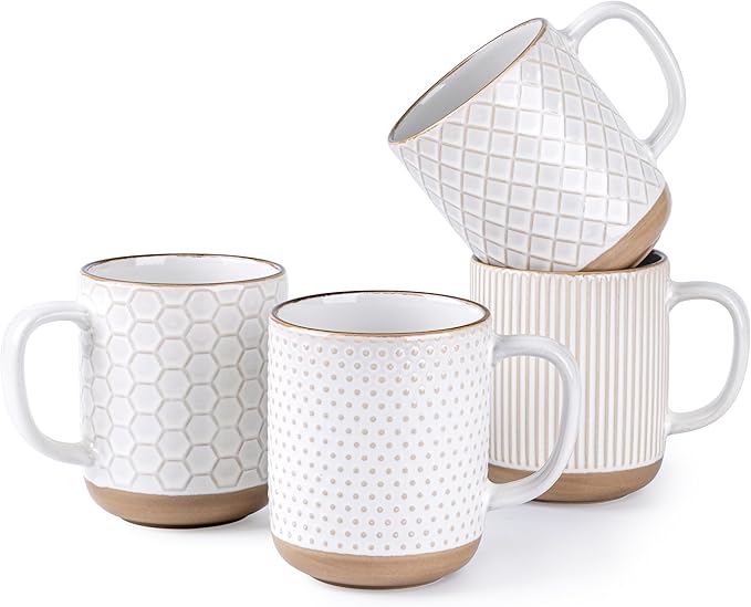 GBhome Ceramic Coffee Mugs Set of 4, 12oz Handmade Stoneware Coffee Mugs Set with Large Handle for Cappuccino/Latte/Tea/Hot Cocoa, Dishwasher & Microwave Safe, Off White