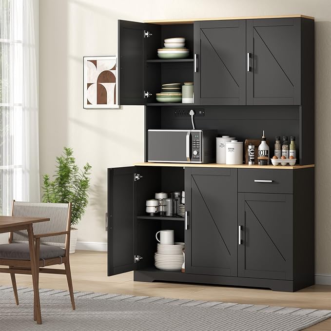 71'' Tall Kitchen Pantry Cabinet w/Power Outlet, Farmhouse Kitchen Storage Cabinet Freestanding Hutch w/Drawer, 4 Adjustable Shelf & 6 Doors for Dining (Black, 71?섃섽 x 40.24''W x15.28''D)