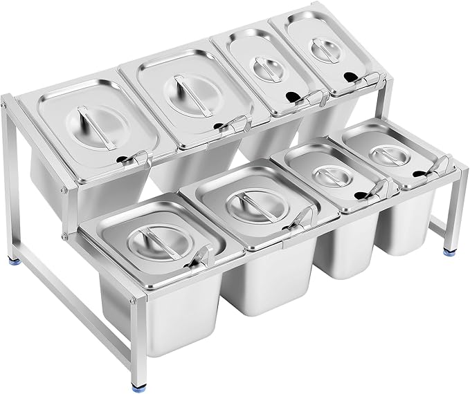 8 PCS Spice Rack Shelf, 2-Tier Stainless Steel Spice Organizer Stand with Lids and Spoons, Expandable Spice Rack for Buffets, Homes and Commercial Kitchens (4 X 1/9 Pans + 4 X 1/6 Pans)