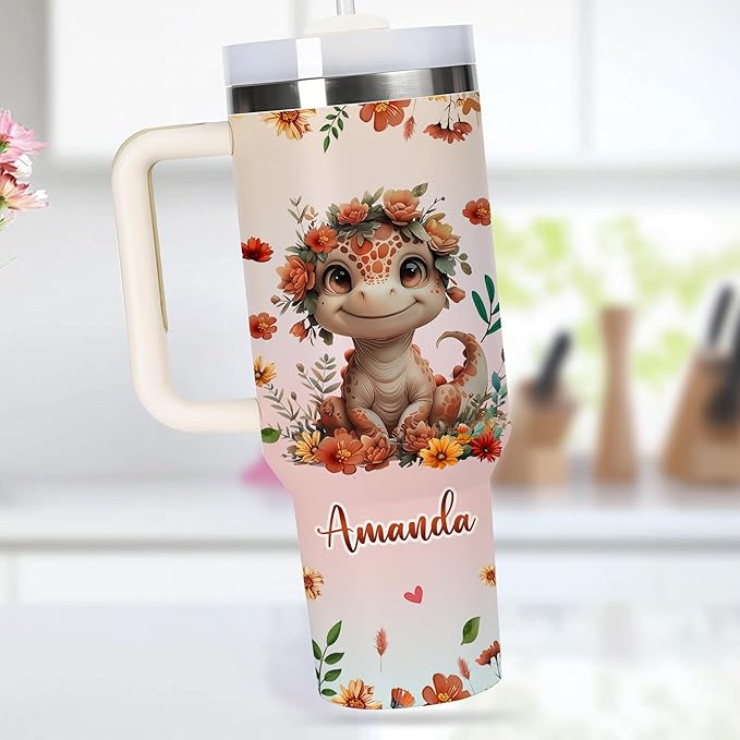 AGGLOMEKC Personalized Cute Dinosaur Cup - Mother's Day Birthday Gift For Animal Lovers - Just A Girl Who Loves Dinosaur Tumbler 40oz With Custom Name - Pet Lover Gifts For Women, Her