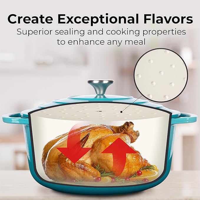 Zulay Kitchen 5 Quart Enameled Cast Iron Dutch Oven Pot with Lid ??Premium Durability & Oven Safe up to 500째F ??Heavy Duty Cookware Perfect for Bread Baking, Stews, Braising & Roasting ??Light Blue