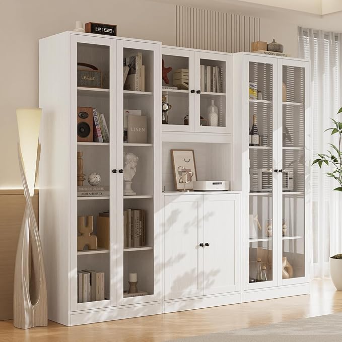 VOWNER 3PCS Bookshelf and Bookcase, 5-Tier Modern Bookshelves with 3 Large Drawer, Glass Display Cabinet with Lager Storage Shelf, Combination Storage Shelves for Home Office, White (CAC)
