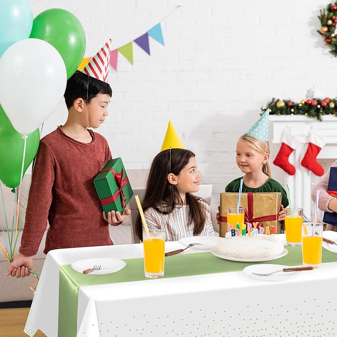 16Pack Plastic Tablecloths and Satin Table Runner Set Disposable White and Sage Green Dot Table Cloth Green Satin Table Runner for Wedding Birthday Baby Shower Anniversary Holiday Party Decorations