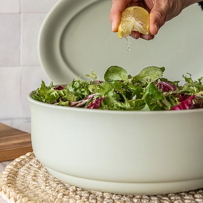 over&back Rim Serving Bowl - Stoneware Dishes - All-Occasion Place Settings - Perfect for Salads, Pastas, Snacks, and More - 10" x 10" x 3.7" - Semi-Matte Sage
