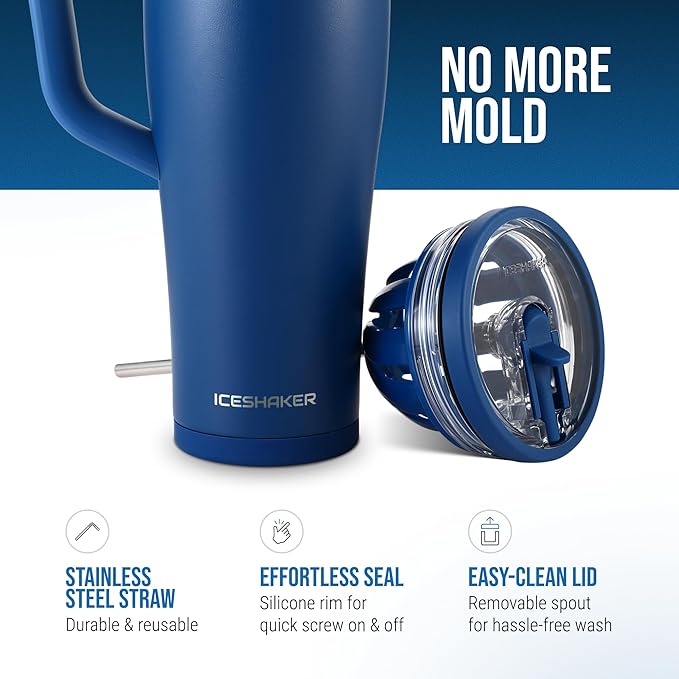 Ice Shaker 40 oz Tumbler with Handle and Straw | 40oz Navy | Cold for 30+ Hours | 2-in-1 Tumbler Shaker Bottle | Odor-Free 40 ounce Bottle for Water, Protein Shakes, Smoothies, Cocktails