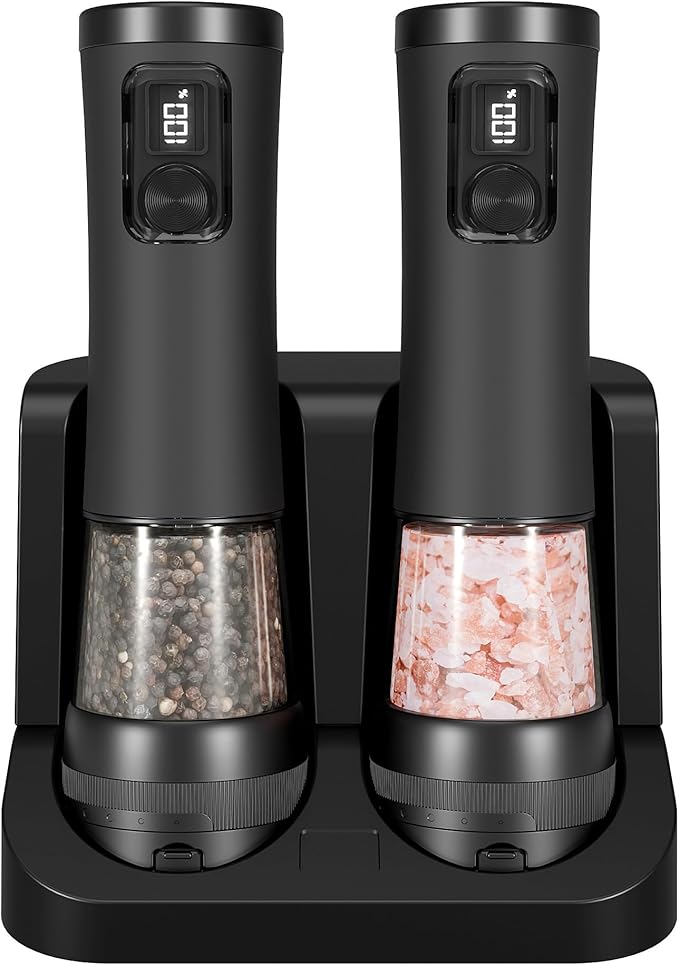 Electric Salt and Pepper Grinder Set With Battery Display Rechargeable Base, External Adjustable Coarseness, Automatic Ceramic Salt & Pepper Shakers Mills(Black Pro)