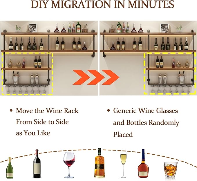 70.9in Large Wine Rack with LED Light, 4 Tiers Solid Wood Wall Mounted Wine Rack, Industrial Liquor Bottles Floating Shelves with Glass Holder for Home Bar/Dining Room (70.9in/180cm)