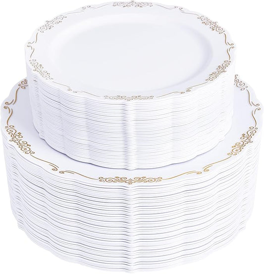 U-QE 100PCS Gold Plates Disposable - Heavy Duty White and Gold Plates Including 50PCS 10'' Dinner & 50PCS 7.5'' Dessert Plates Perfect for Upscale Party, Wedding