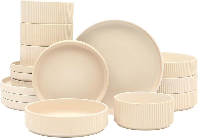 Gibson Elite Deerfield 16-Piece Stoneware Dinnerware Set ??Cream White Reactive Glaze Plates and Bowls, Stackable Design, Service for 4 ??Dishwasher & Microwave Safe