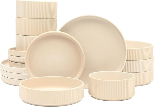 Gibson Elite Deerfield 16-Piece Stoneware Dinnerware Set ??Cream White Reactive Glaze Plates and Bowls, Stackable Design, Service for 4 ??Dishwasher & Microwave Safe