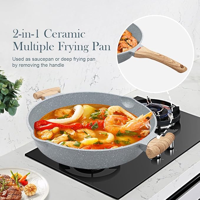 2-In-1 Ceramic Nonstick Deep Frying Pan Skillet, 12.5 Inch Saute Pan with Lid Non Toxic, PTFE & PFOA Free, Compatible with All Stovetops- Blue