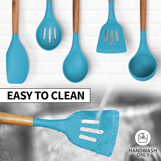 Zulay Kitchen Non-Stick Cooking Utensils Set with Authentic Acacia Wood Handles ??5-Piece Durable & Stylish Silicone Kitchen Utensils Set ??Heat Resistant to 464째F ??Blue