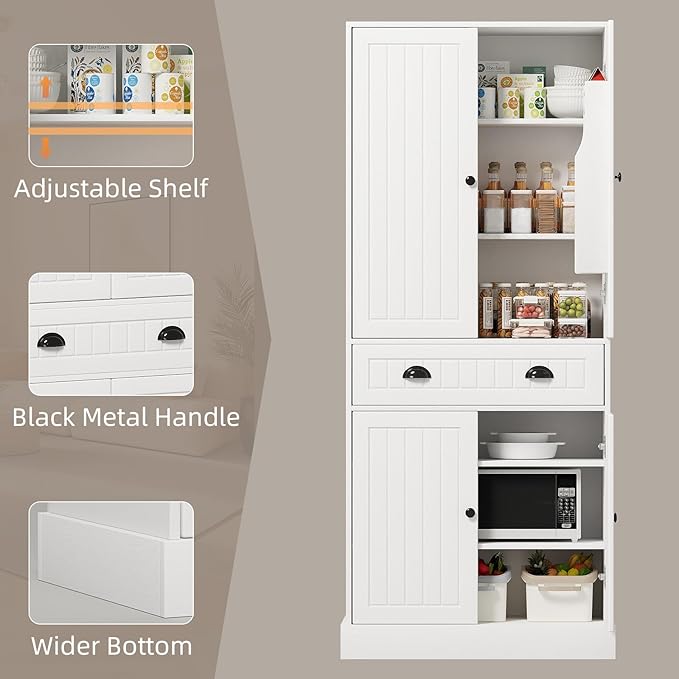 4 EVER WINNER 72" Tall Pantry Cabinet, Farmhouse Storage Cabinet with Adjustable Shelves and Drawers, Rustic Wood Cupboard for Kitchen, Dining, Living Room, White