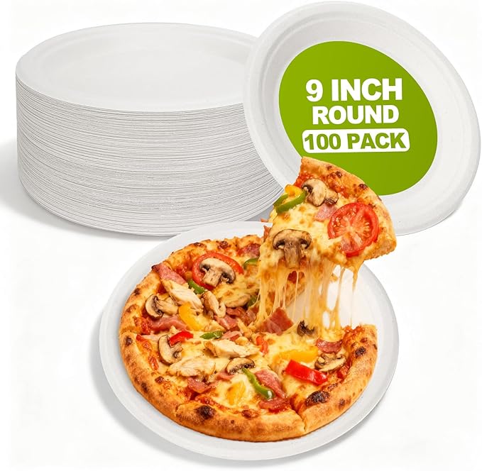 W&Y 100 Pack 9 Inch Paper Plates, Heavy-Duty Dinner Plates, Cut Resistant & 100% Compostable Disposable Paper Plate,Leak Proof & Microwave Safe for Parties, Weddings, Catering Events