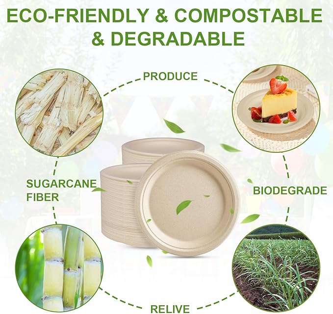 6 Inch Compostable Paper Plates - 150 Counts, Heavy-Duty Disposable Eco-Friendly Sugarcane Plates