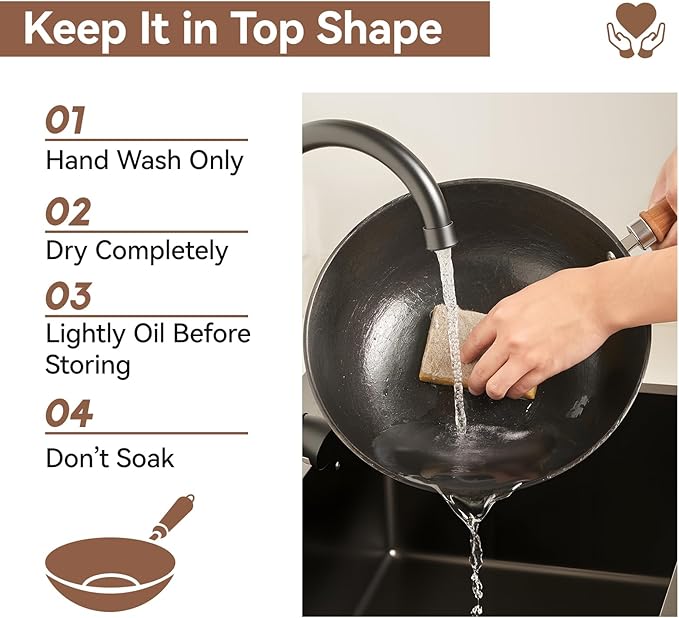 WANGYUANJI 9.5 Inch Cast Iron Wok with Glass Lid ??Small Flat Bottom Stir Fry Pan with Wooden Handle, Non-Coated Cookware for Gas & Open Flame
