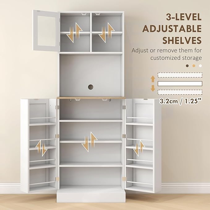 Zateety 66.5" Pantry Cabinet with Microwave Stand, Freestanding Kitchen Storage Cabinet with Hutch, 8 Door Shelves, Adjustable Shelves, Food Pantry Cabinet for Dining Room, White