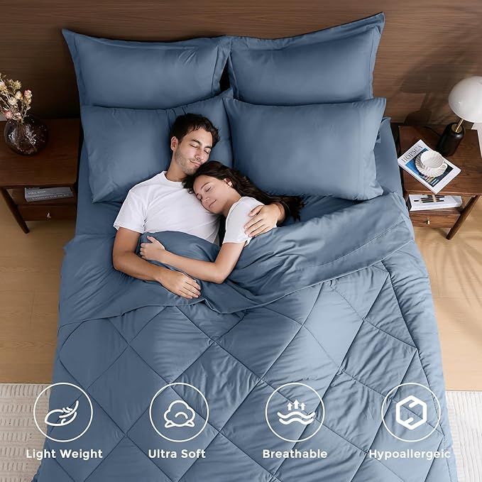 HEVUMYI Dusty Blue King Comforter Set - 7-Piece All Season Bed in a Bag King, Ultra Soft Bedding Set with Comforter, Flat Sheet, Fitted Sheet, Pillowcases, Pillow Shams