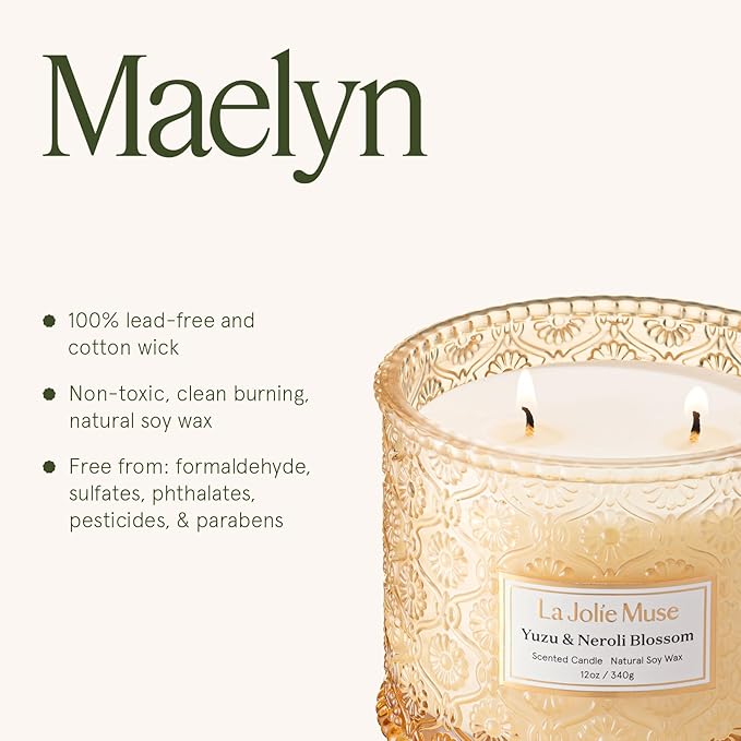 LA JOLIE MUSE Yuzu & Neroli Blossom Candle - Yuzu, Orange Blossom, Cedarwood | 12 oz Large 2-Wick Soy Wax Candle | 60 Hours Clean Burn | Citrus Scented Candle | Elegant Home D챕cor