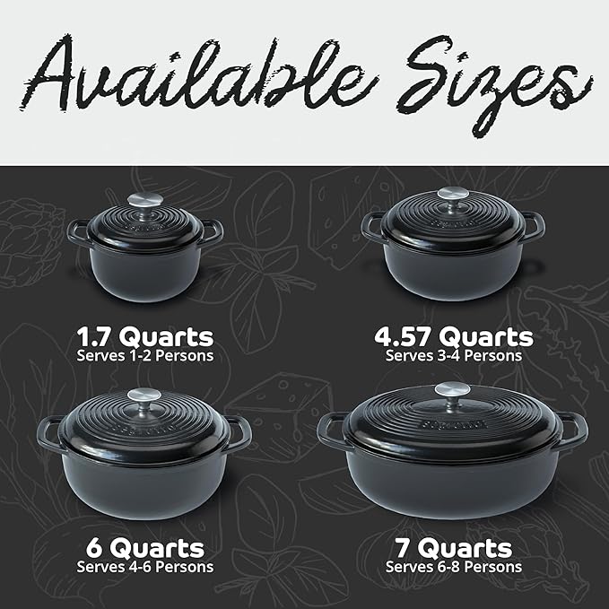Segretto Cookware Enameled Cast Iron Dutch Oven with Handle, 4.57 Quarts, Nero (Black) 4.57 qt Oven Safe Dutch Oven Pot With Lid Ceramic Enamel Dutch Oven Cast Iron Pot Cookware for Bread Baking, Soup