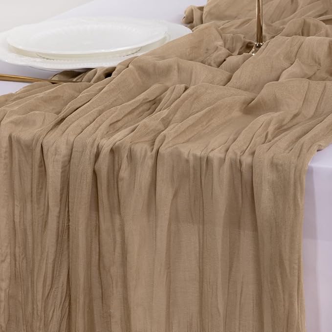 Socomi 10pcs Nude Brown Cheesecloth Table Runner Boho Rustic Gauze 120 inch 10FT Cheese Cloth Runner for Wedding Party Baby Shower Birthday Home Decor Holiday Decorations
