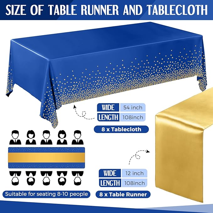 Tudomro 16 Pcs Gold and Dark Blue Disposable Plastic Tablecloths and Satin Table Runner Set 54x108 Inch Tablecloth 12x108 Inch Table Runners for New Year Wedding Birthday Baby Shower Graduation