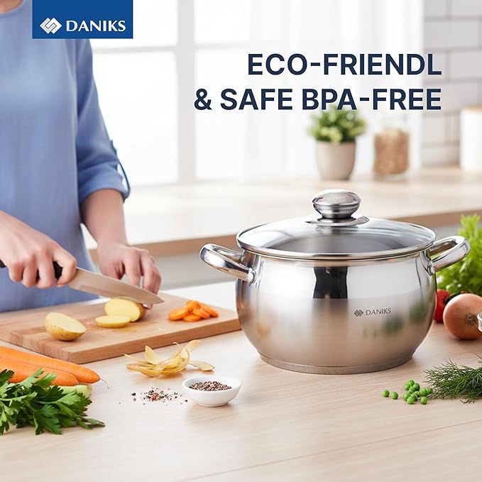 Daniks Classic 3 Quart Stainless Steel Stock Pot with Glass Lid, Tri-Ply Bottom for Even Heating, Induction Compatible, Dishwasher Safe