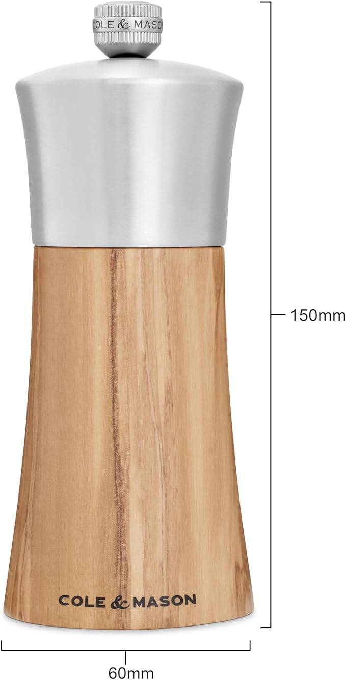 Cole & Mason Bromley Salt Mill, 6" - Salt Grinder with Ultra-Sharp Grinding Mechanism - Flavor-Enhancing Salt Shaker - Refillable Mill with Adjustable Grinding - Olive Wood, Salt Mill