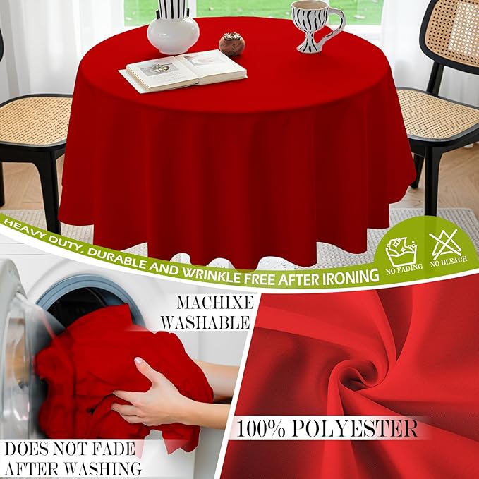 BYDOLL Table Cloth 60 Inch Round Tablecloth Fits Max50 Inch Diameter Table Top,Red Polyester Washable Wrinkle-Free Spillproof Tablecloth for Party Patio Cover