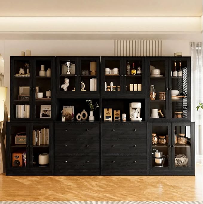 TUSY 71'' H Kitchen Hutch Storage Cabinet, 5-Tier Pantry Cabinet, Buffet Hutch with Drawers, China Cabinet with Glass Doors, Storage Cabinets for Dining Room, Kitchen, Living Room (Black)