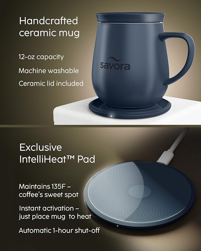 12oz Heated Coffee Mug | Barista?셲 Choice | Exclusive Wireless IntelliHeat Pad | Temperature Control Maintains 135째F | Hand-Crafted Ceramic Mug & Lid | Great for Tea Drinkers | Backed for Life - Blue
