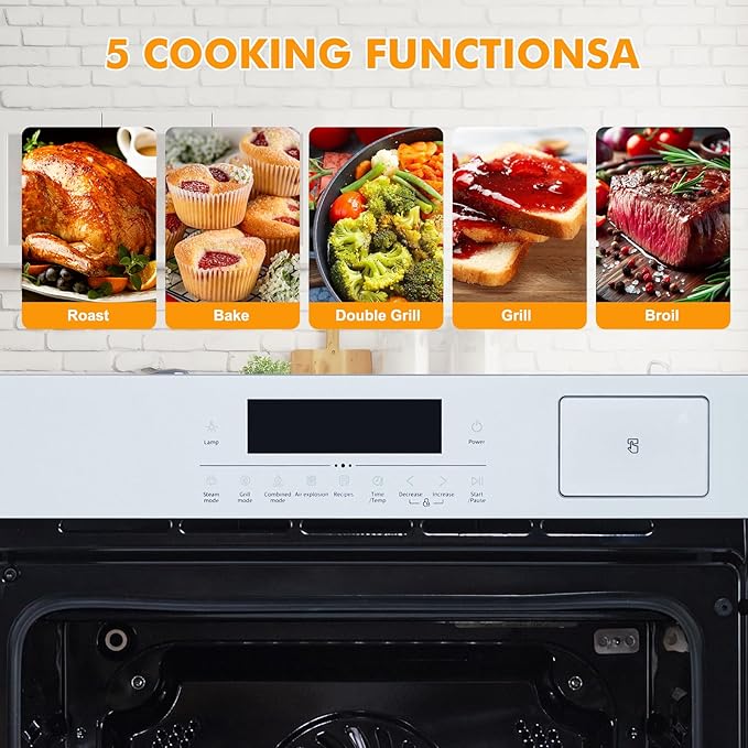 24" Built-in Single Wall Oven, 2.5 Cu.Ft (70L) Capacity - Electric Oven with Steam Bake, Air Fry & 3D Convection, Touch Controls, Timer, Safety Lock, Triple-Layer Glass Door, 3000W 240V, Silver