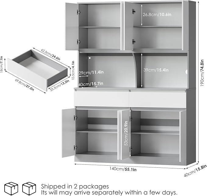 Keyluv 75" H LED Kitchen Pantry Cabinet with Doors, Large Kitchen Hutch Storage Cabinet with Drawers and Lights, Food Pantry with Microwave Stand and Coffee Bar, Adjustable Shelves, White/Gray