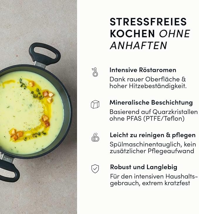 Hoffmann Stoniq Saucepan Hand-Cast Made in Germany, IQ-SHIELD Non-Stick Coating, PFAS-Free, Suitable for Induction Cookers, Casserole Pot, Cast Aluminium with Stainless Steel (with Lid,9.5"(121.7oz))