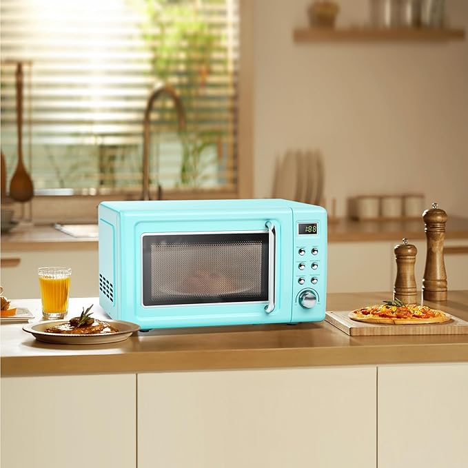 LDAILY 0.7Cu.ft Retro Small Microwave Oven, 700W Compact Countertop Microwave with 5 Power Levels, Auto Cooking Menus, Glass Turntable, Child Lock & Glass Turntable for Apartment, Dorm (Green)