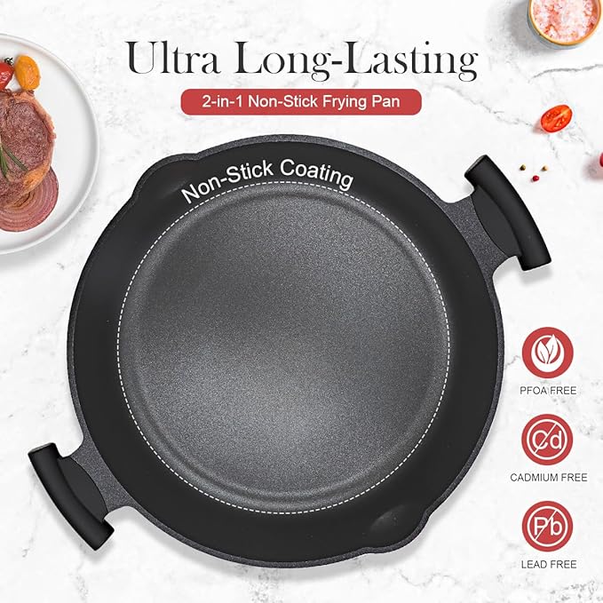 2-In-1 Nonstick Deep Frying Pan Skillet, 12.5 Inch Saute Pan with Lid Non Toxic, PTFE & PFOA Free, Compatible with All Stovetops-Red