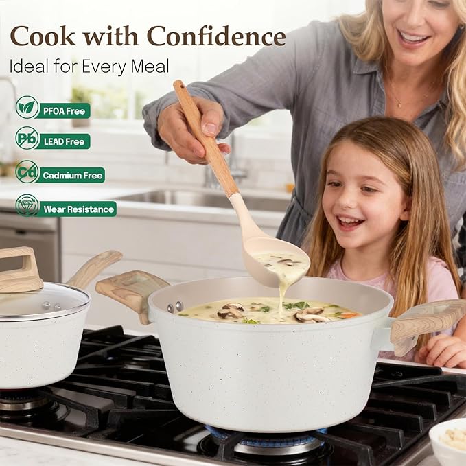 Pots and Pans Set Non Stick, 11 Pcs Ceramic Cookware Set, Nonstick Induction Cookware, Non-toxic Kitchen Cooking Set with Frying Pan Set, Cream