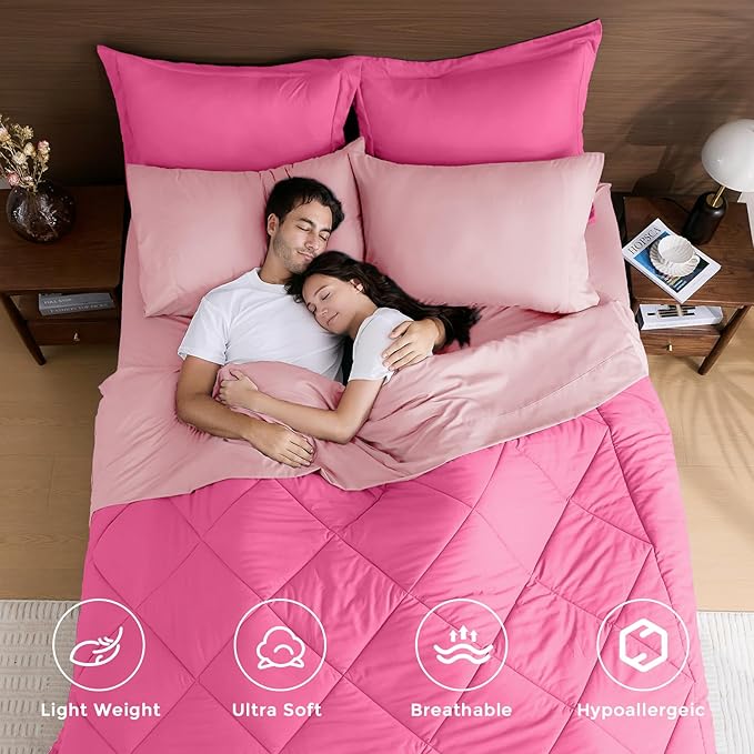 HEVUMYI Hot Pink & Baby Pink King Comforter Set - 7-Piece All Season Bed in a Bag King, Ultra Soft Bedding Set with Comforter, Flat Sheet, Fitted Sheet, Pillowcases, Pillow Shams