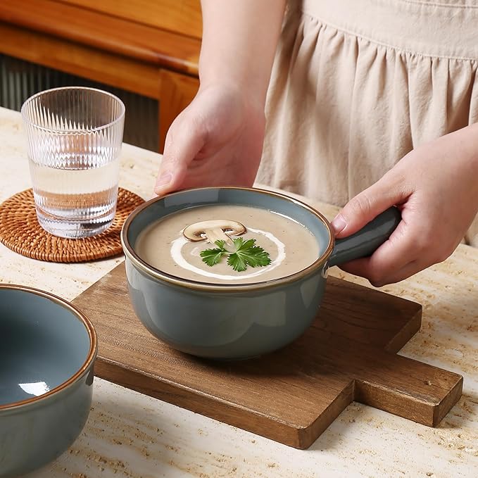 MONITO 28 Oz French Onion Soup Bowls, Ceramic Soup Bowls with Handles, Stackable Soup Crocks, Oven/Microwave/Dishwasher Safe, for Cereal, Soups, Casseroles
