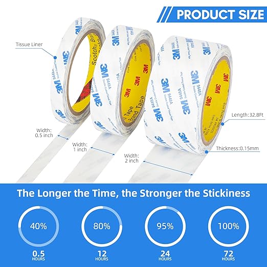 3M Double Sided Tape 2"횞32.8Ft 2 Pack 9448A Double Coated Tissue Tape Adhesive Sticky Tape Translucent Removable for Foam Art Craft Nameplate Bonding